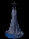 Niulatu Mermaid Spaghetti Straps Navy Blue Sequin Long Evening Gowns Prom Dress SD2765
