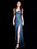 Niulatu Mermaid Spaghetti Straps Navy Blue Sequin Long Evening Gowns Prom Dress SD2765