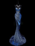 Niulatu Mermaid Spaghetti Straps Navy Blue Sequin Long Evening Gowns Prom Dress SD2765