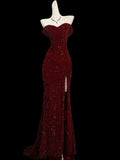 Niulatu Mermaid Sweetheart Red Slit Sequin Long Evening Gowns Prom Dress SD2766