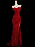 Niulatu Mermaid Sweetheart Red Slit Sequin Long Evening Gowns Prom Dress SD2766