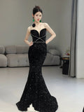 Niulatu Mermaid Spaghetti Straps Black Sequin Long Evening Gowns Prom Dress SD2768