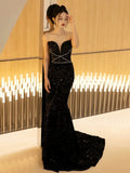 Niulatu Mermaid Spaghetti Straps Black Sequin Long Evening Gowns Prom Dress SD2768