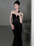 Niulatu Mermaid Spaghetti Straps Black Sequin Long Evening Gowns Prom Dress SD2768