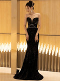 Niulatu Mermaid Spaghetti Straps Black Sequin Long Evening Gowns Prom Dress SD2768