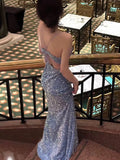 Niulatu Mermaid Spaghetti Straps Blue Sequin Long Evening Gowns Prom Dress SD2769
