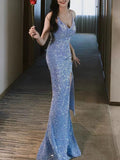 Niulatu Mermaid Spaghetti Straps Blue Sequin Long Evening Gowns Prom Dress SD2769