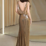 Niulatu Mermaid Straps Gold Sequin Long Evening Gowns Prom Dress SD2770