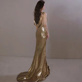 Niulatu Mermaid Straps Gold Sequin Long Evening Gowns Prom Dress SD2770