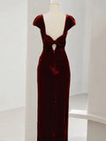 Niulatu Mermaid Burgundy Velvet Slit Evening Dress Prom Dresses SD2771