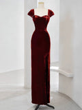 Niulatu Mermaid Burgundy Velvet Slit Evening Dress Prom Dresses SD2771
