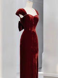 Niulatu Mermaid Burgundy Velvet Slit Evening Dress Prom Dresses SD2771