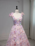 Niulatu A Line Spaghetti Straps Pink Floral Long Length Evening Dress Prom Dresses SD2773