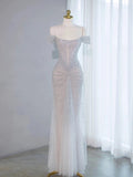 Niulatu Mermaid Off The Shoulder Silver Sequin Evening Dress Prom Dresses SD2774