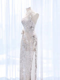 Niulatu A Line One Shoulder Silver Sequin Long Length Evening Dress Prom Dresses SD2777