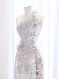 Niulatu A Line One Shoulder Silver Sequin Long Length Evening Dress Prom Dresses SD2777