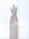 Niulatu A Line One Shoulder Silver Sequin Long Length Evening Dress Prom Dresses SD2777