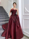 Niulatu Ball Gown Strapless Burgundy Organza Long Length Evening Dress Prom Dresses SD2778