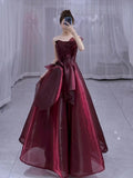 Niulatu Ball Gown Strapless Burgundy Organza Long Length Evening Dress Prom Dresses SD2778