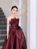 Niulatu Ball Gown Strapless Burgundy Organza Long Length Evening Dress Prom Dresses SD2778