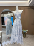 Niulatu A line Halter Sleeveless Holiday Dresses Blue Floral Beach Dress Birthday Outfits SD277