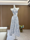 Niulatu A line Halter Sleeveless Holiday Dresses Blue Floral Beach Dress Birthday Outfits SD277