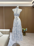 Niulatu A line Halter Sleeveless Holiday Dresses Blue Floral Beach Dress Birthday Outfits SD277