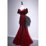 Niulatu Mermaid Off The Shoulder Burgundy Sequin Long Evening Dress Prom Dresses SD2780