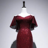 Niulatu Mermaid Off The Shoulder Burgundy Sequin Long Evening Dress Prom Dresses SD2780