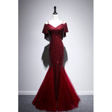 Niulatu Mermaid Off The Shoulder Burgundy Sequin Long Evening Dress Prom Dresses SD2780