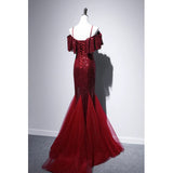 Niulatu Mermaid Off The Shoulder Burgundy Sequin Long Evening Dress Prom Dresses SD2780