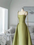 Niulatu Ball Gown Straps Sage Green Satin Long Length Evening Dress Prom Dresses SD2781