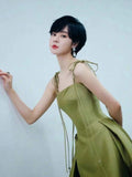 Niulatu Ball Gown Straps Sage Green Satin Long Length Evening Dress Prom Dresses SD2781