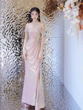 Niulatu Mermaid Off The Shoulder Pink Sequin Long Evening Dress Prom Dresses SD2782