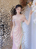 Niulatu Mermaid Off The Shoulder Pink Sequin Long Evening Dress Prom Dresses SD2782