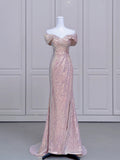 Niulatu Mermaid Off The Shoulder Pink Sequin Long Evening Dress Prom Dresses SD2782