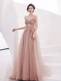 Niulatu A line Spaghetti Straps Tulle Long Length Evening Dress Prom Dresses SD2783