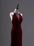 Niulatu Mermaid Burgundy Velvet Long Backless Evening Dress Prom Dresses SD2786