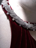 Niulatu Mermaid Burgundy Velvet Long Backless Evening Dress Prom Dresses SD2786