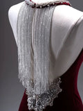 Niulatu Mermaid Burgundy Velvet Long Backless Evening Dress Prom Dresses SD2786