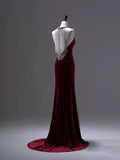 Niulatu Mermaid Burgundy Velvet Long Backless Evening Dress Prom Dresses SD2786