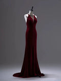 Niulatu Mermaid Burgundy Velvet Long Backless Evening Dress Prom Dresses SD2786