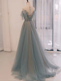 Niulatu A Line Off The Shoulder Blue Tulle Long Length Evening Dress Prom Dresses SD2790