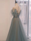 Niulatu A Line Off The Shoulder Blue Tulle Long Length Evening Dress Prom Dresses SD2790