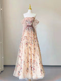 Niulatu A Line Off The Shoulder Long Sleeves Floral Tulle Long Length Evening Dress Prom Dresses SD2792