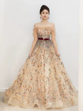 Niulatu A Line Off The Shoulder Long Sleeves Floral Tulle Long Length Evening Dress Prom Dresses SD2792