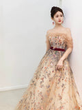 Niulatu A Line Off The Shoulder Long Sleeves Floral Tulle Long Length Evening Dress Prom Dresses SD2792