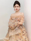 Niulatu A Line Off The Shoulder Long Sleeves Floral Tulle Long Length Evening Dress Prom Dresses SD2792