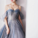 Niulatu A Line Off The Shoulder Blue Sequin Tulle Long Length Evening Dress Prom Dresses SD2793