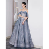 Niulatu A Line Off The Shoulder Blue Sequin Tulle Long Length Evening Dress Prom Dresses SD2793